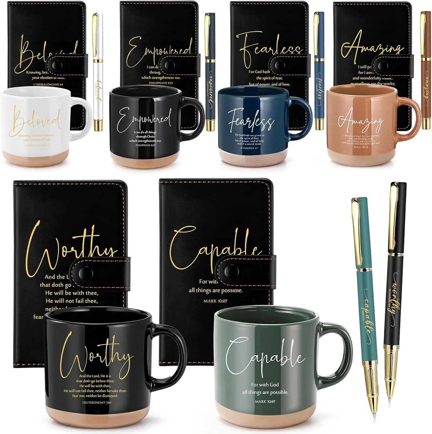 Christian Fathers Day Church Gift 18 Pcs Bible Verse Ceramic Coffee Mugs with Leather Journal Pen Inspirational Religious Set