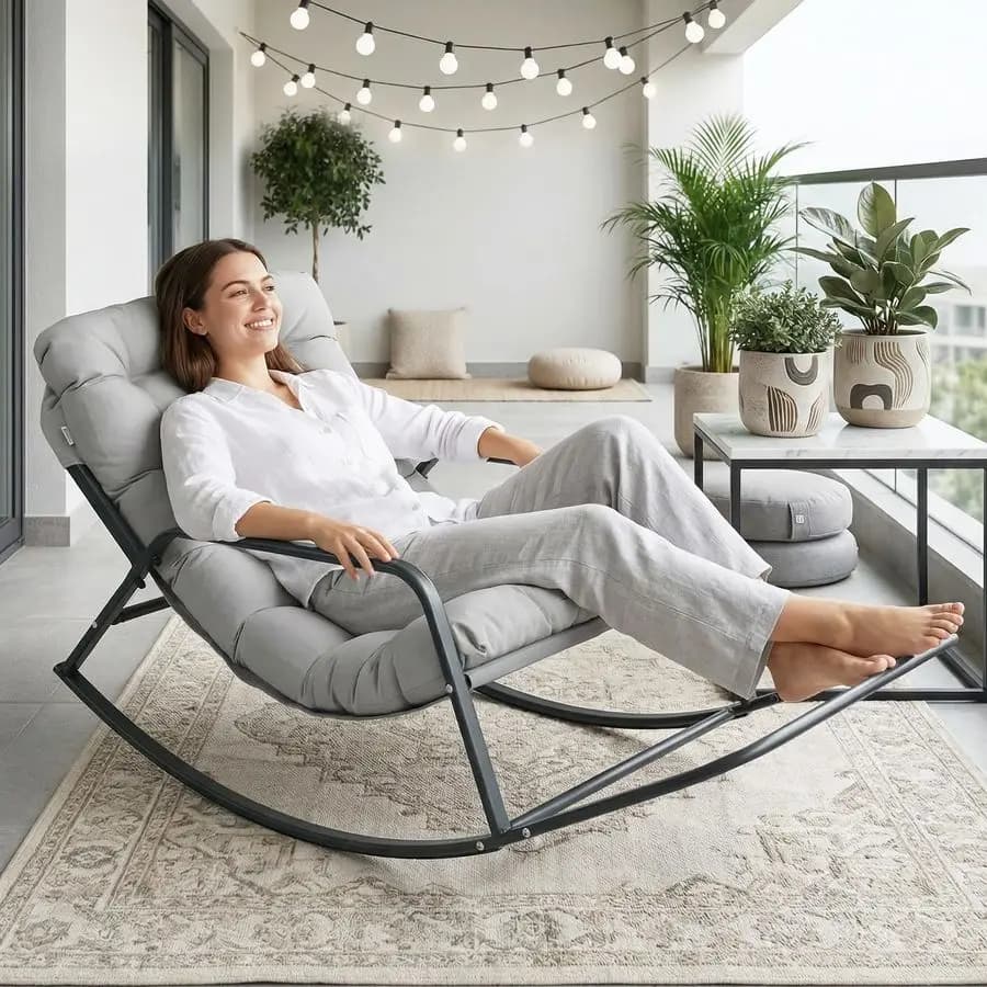 Papasan pendulum chair with footrest, outdoor rocking chair with cushion, oversize patio rocking armchair, modern comfort for relaxation, Robusta