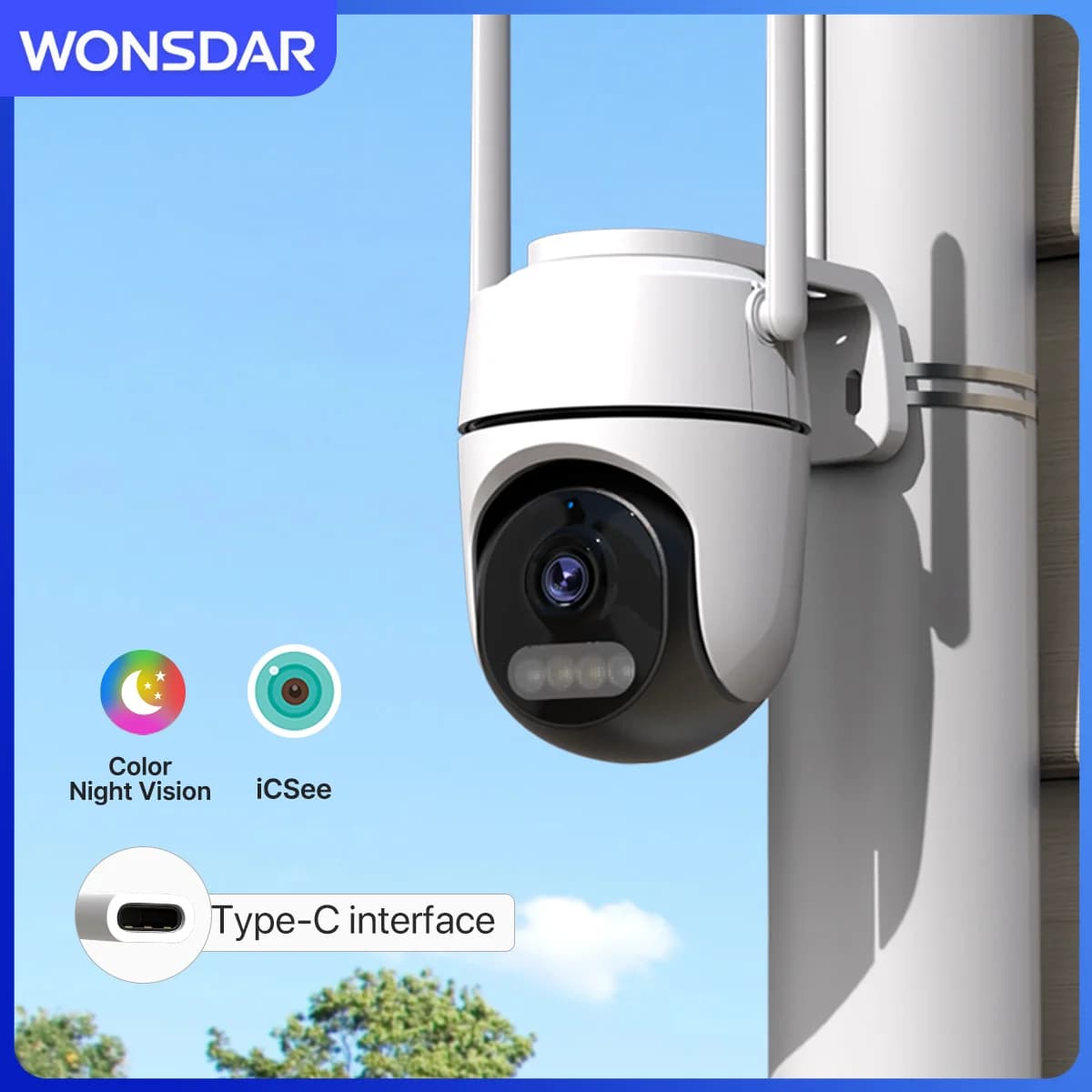 Telecamera IP WONSDAR per la sicurezza domestica, PTZ iCsee, Wi-Fi, 1080P HD, mini telecamera di videosorveglianza per interni ed esterni