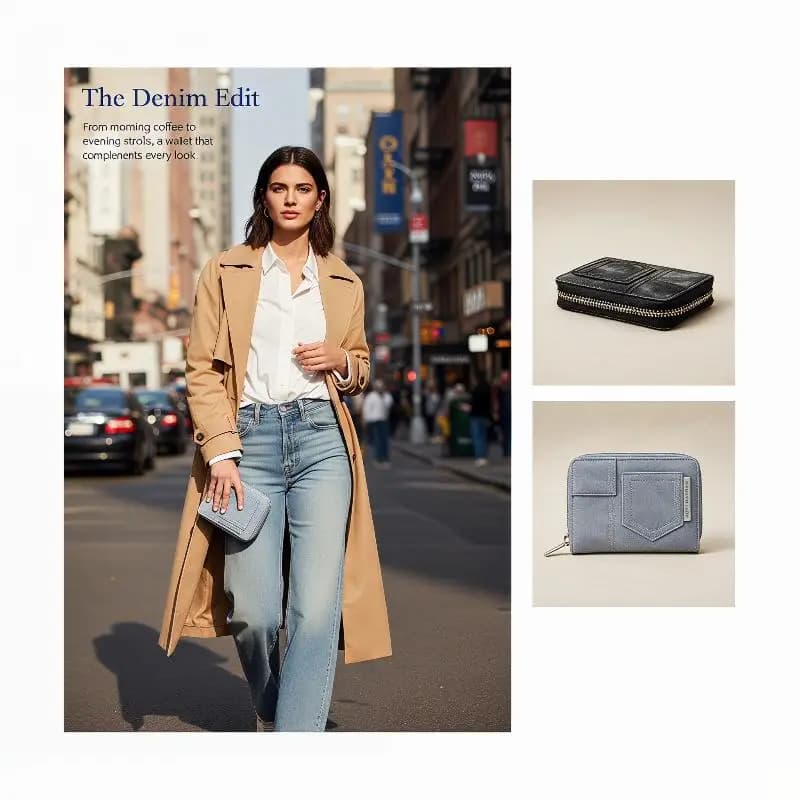 Fashion Korean Short PU Wallet Denim Texture Multi Card Slots Zip Closure for Shopping Dating