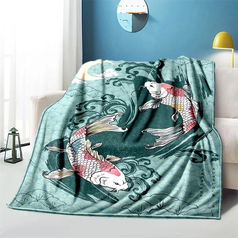 Coperta stampata serie Koi Fish dipinta per divano, viaggio, campeggio, soggiorno, ufficio, coperta per regali per tutte le stagioni