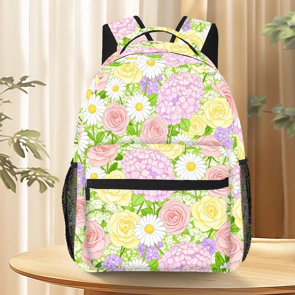 Zaino con stampa floreale pastello per donna, borsa per laptop con rose, margherite e ortensie, per viaggi, lavoro, scuola