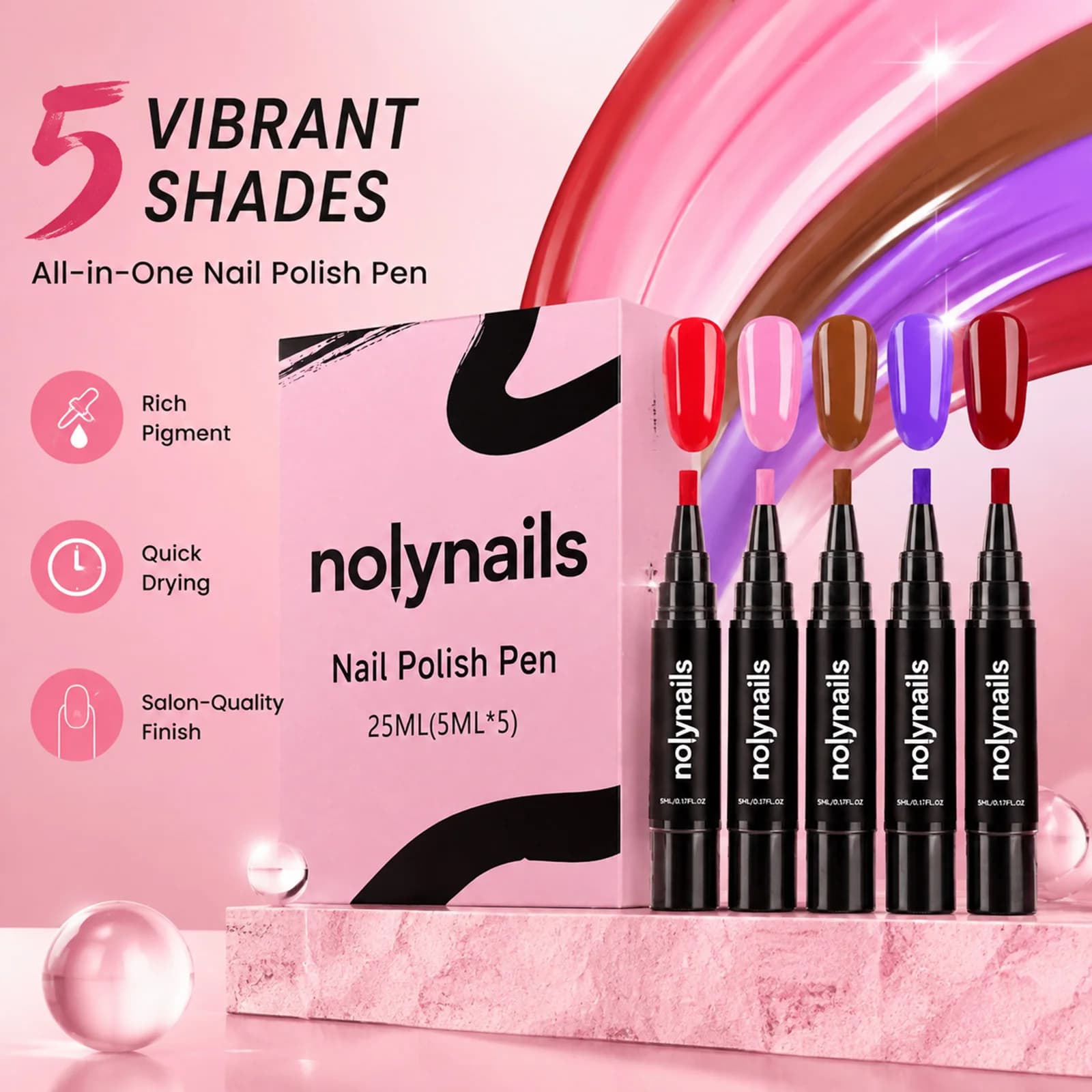 5 Colors Gel Nail Polish Pen Set Quick Dry No Uv Curing Needed Brush Tip Design For Diy Home Manicure And Travel Touch Up