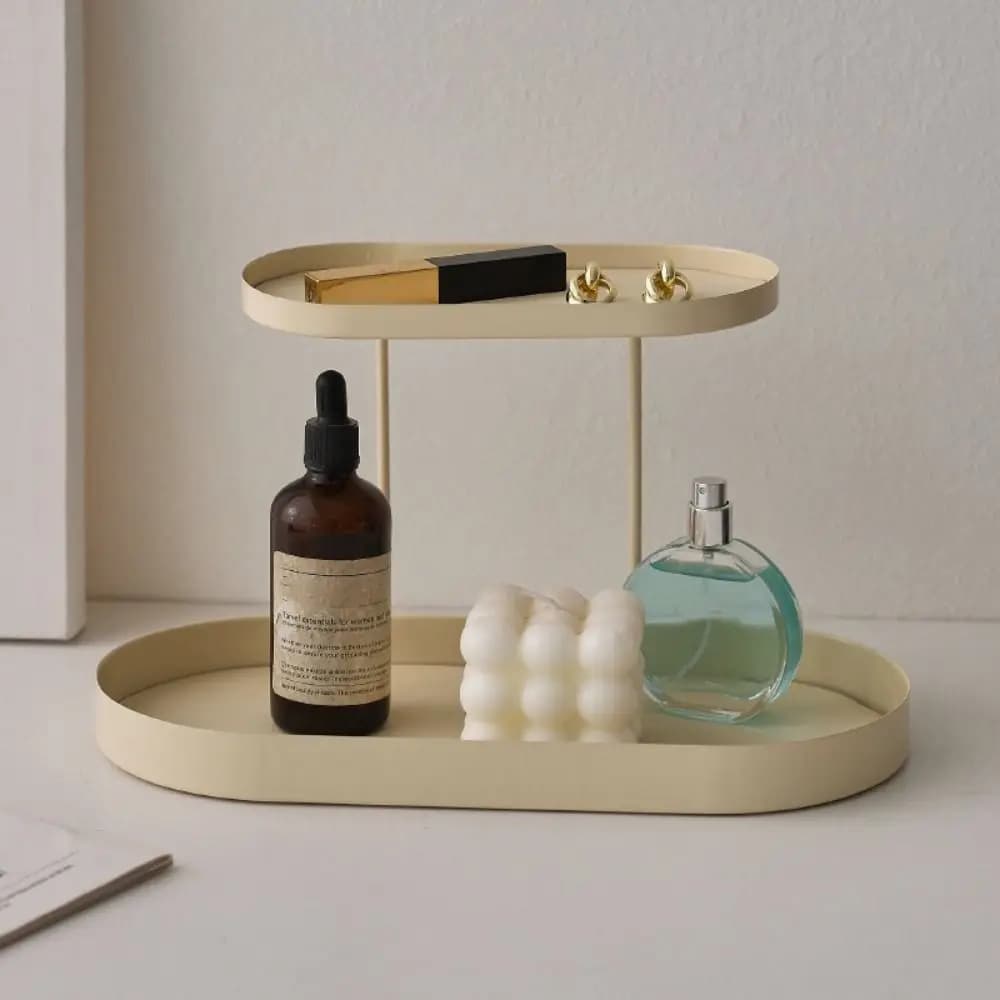 Scaffale per cosmetici multifunzione in ferro Creativo con cuscino in pelle Mensola da bagno Semplice vassoio da tavolo a doppio strato Caramelle