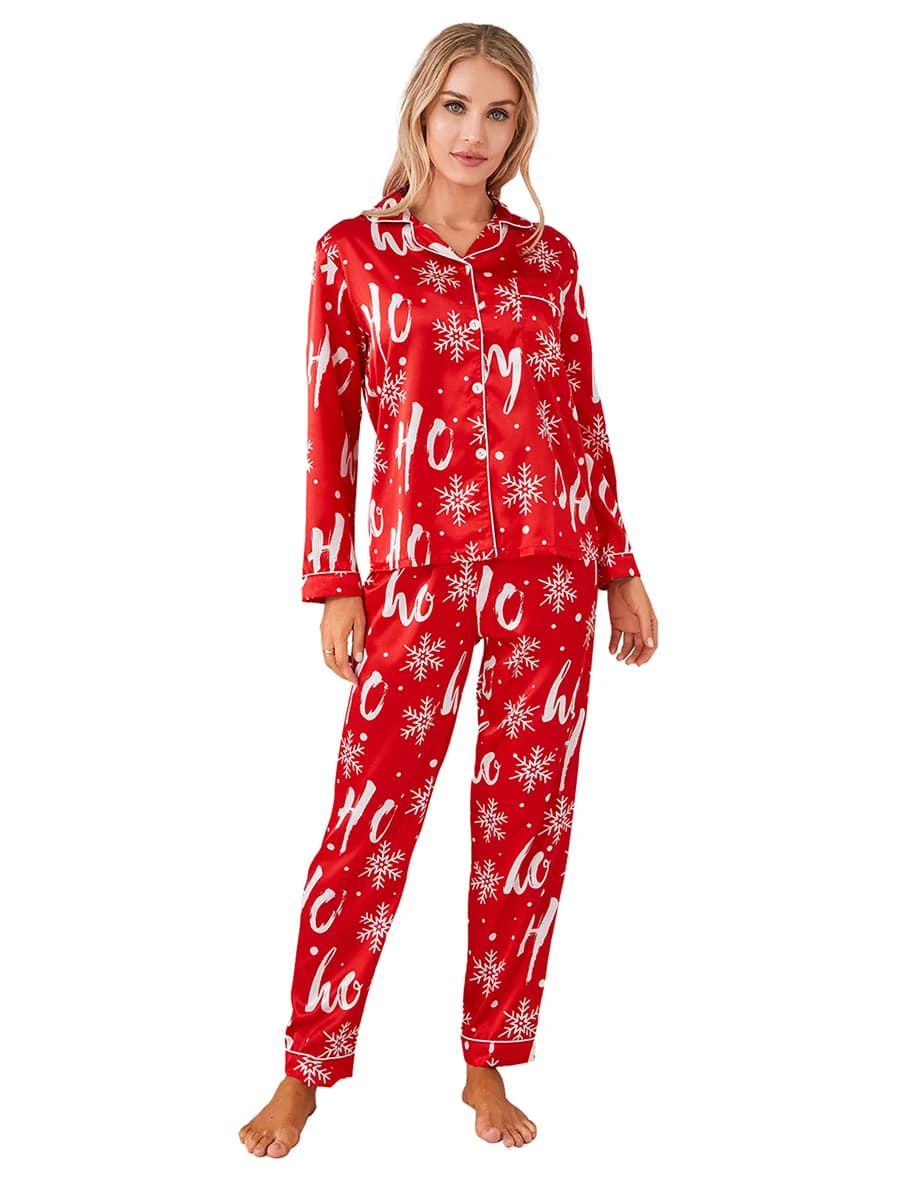Set pigiama da 2 pezzi da donna Set di pantaloni da camicia con bottoni a maniche lunghe di natale Set pigiameria da notte