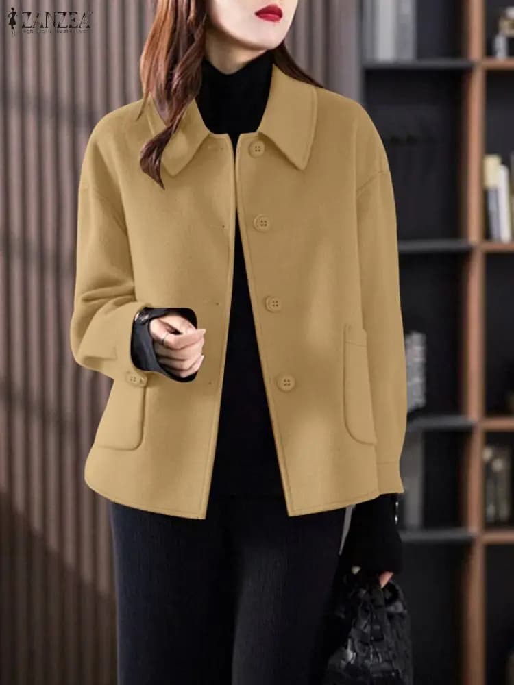 ZANZEA Fashion Woolen Jackets Women FW 2025 Turn-Down Collar Long Sleeve Button Up Wool Coats Commuting Outerwear Woman Clothes