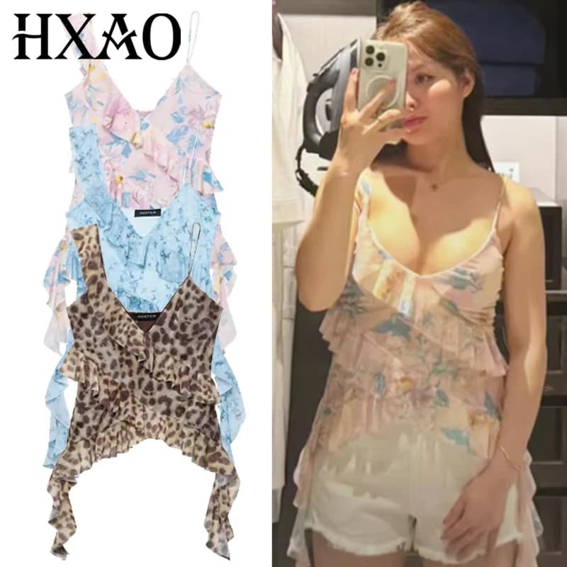 HXAO 2025 Top da donna con stampa in tulle Canotte e canottiere ritagliate estive Top con canotta senza maniche con volant Top senza schienale a strati in rete leopardata