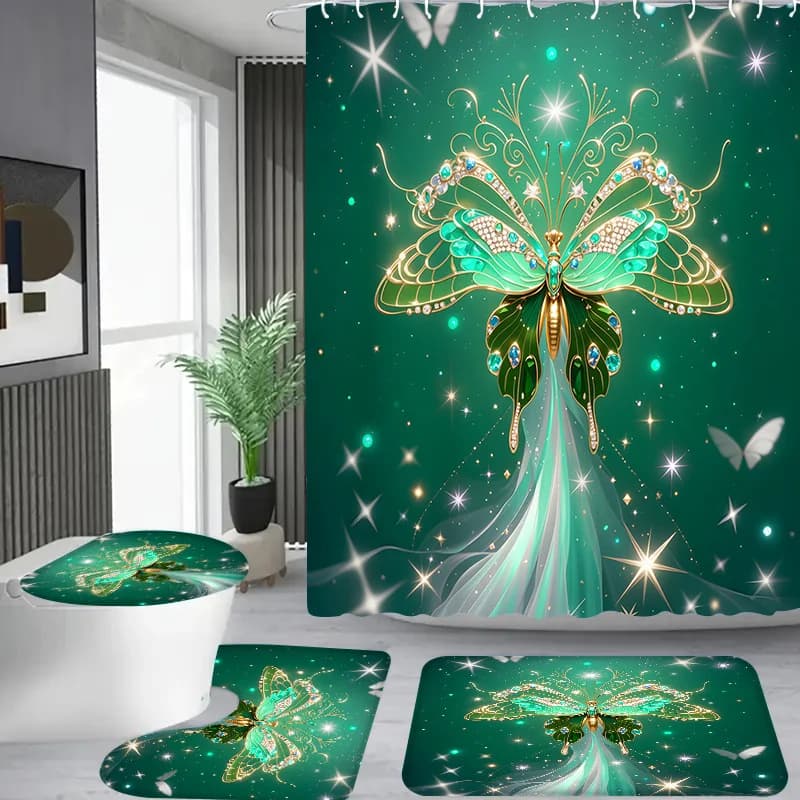 4 pezzi modello verde scintillante, bagno appartamento, tenda da doccia per doccia, set tenda da doccia per hotel, con 12 ganci, vasca da bagno