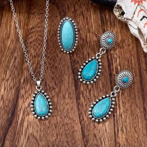 Set di 4 Pezzi Gioielli Vintage Stile Western con Turchese a Goccia: Collana, Anello, Orecchini, Set di Gioielli Bohémien