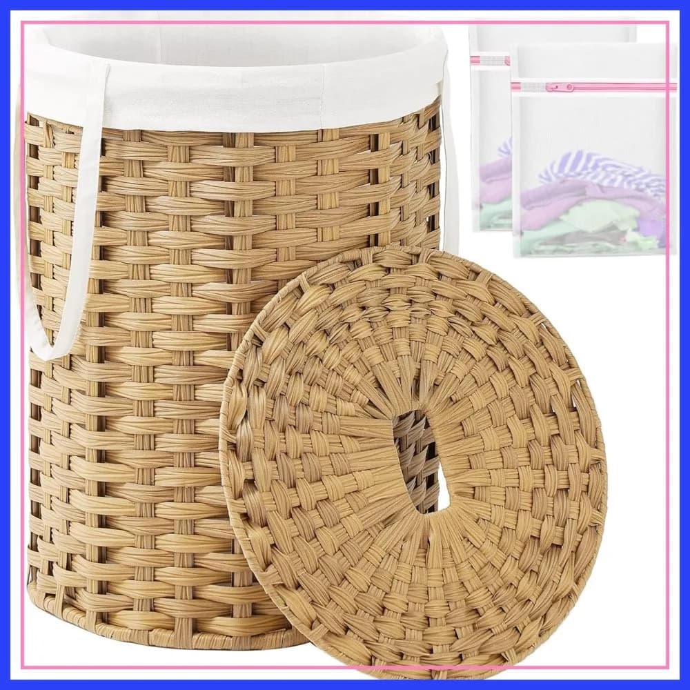 Cesto Portabiancheria Rotondo in Vimini da 72L con Coperchio, Cesto in Rattan Intrecciato a Mano, Borsa Rimovibile e 2 Sacchi in Rete