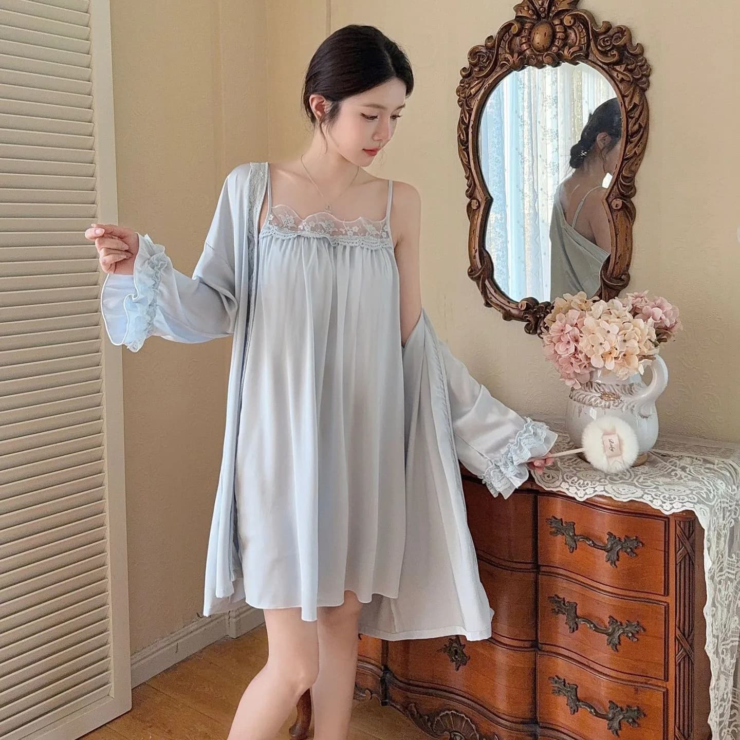 Abito estivo in raso Kimono Accappatoio 2 pezzi Abito da notte Lingerie Donna Lace Trim Camicia da notte Indumenti da notte HomeWear