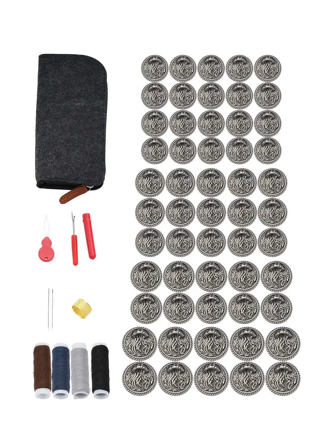 Set di 55 Bottoni in Metallo con Motivo Medusa Vintage Argento, Kit di Riparazione per Cucito a Tema Marino, 4 Misure per Progetti di Cucito di Cappotti e Camicie