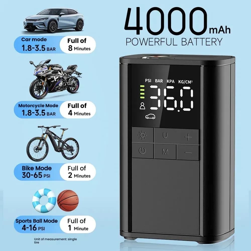Compressore d'aria senza fili da 150 PSI, gonfiatore portatile per pneumatici per auto con indicatore digitale, luce a LED per gonfiaggio di veicoli e palline