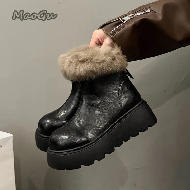 Stivaletti marroni pelosi da donna Stivali da neve con plateau Scarpe calde invernali Stivaletti da esterno antiscivolo con suola spessa Stivali neri Femmes