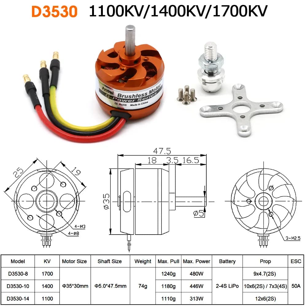 D3530 1100KV 1400KV 1700KV Brushless Outrunner Motor For Mini Multicopters RC Plane Helicopter