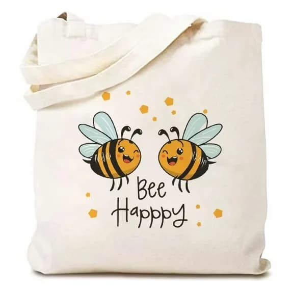 Cute "Bee Happy" Honey Bee Cartoon Canvas Tote Handbag Positive Vibes Bee Lover Reusable Versatile Bag for Women Men Daily Use