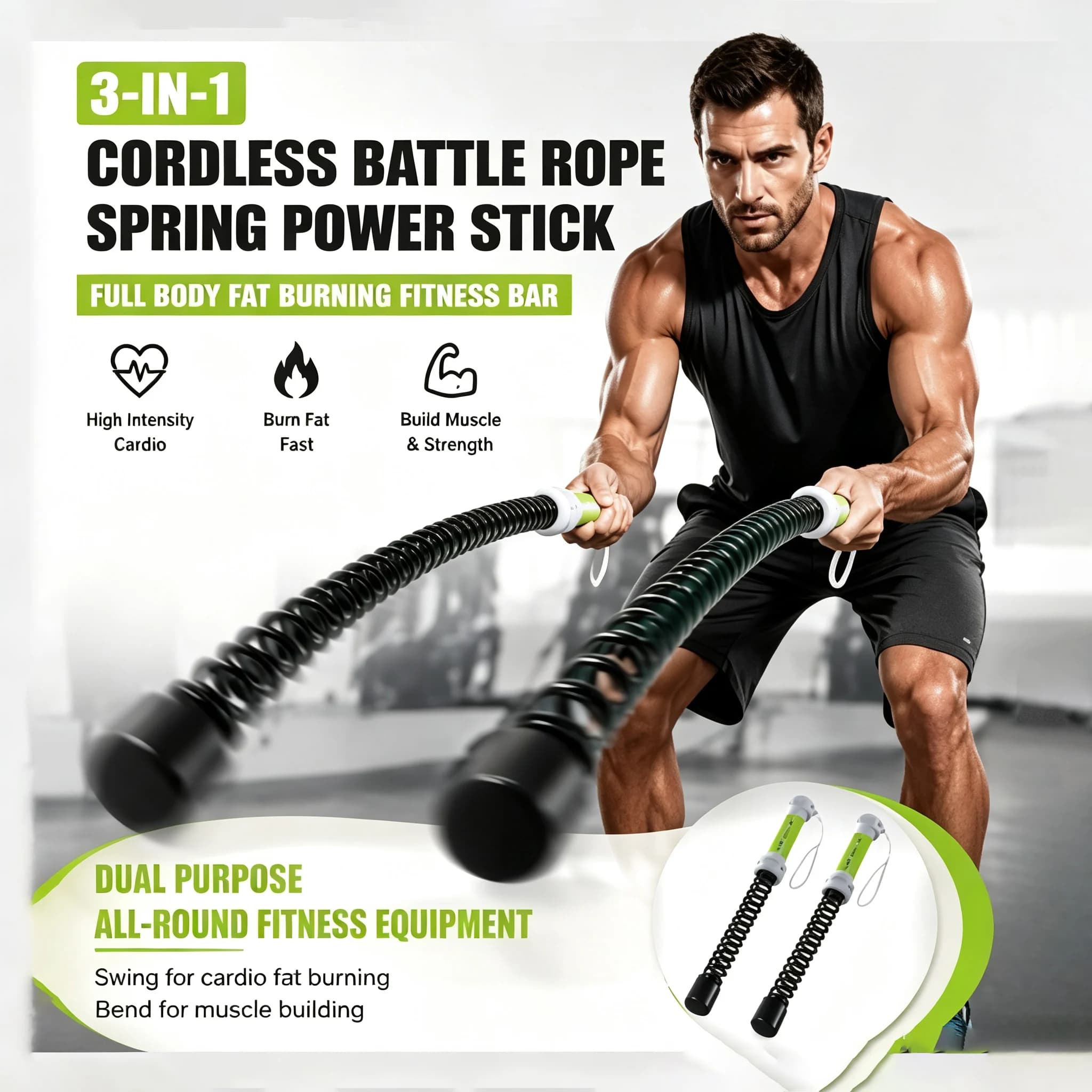 3-in-1 Cordless Battle Rope Spring Power Stick Anti-Slip Handle Arm Strength Trainer Full Body Fat Burning Fitness Exercise Bar