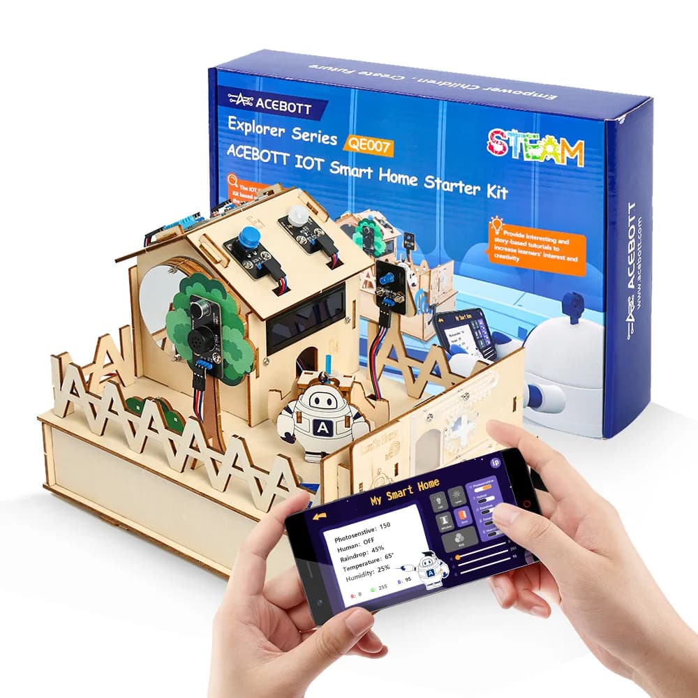 ACEBOTT Smart Home STEM STEAM Starter Kit Casa in legno IoT Wifi Programmazione bloccante per ESP32 Arduino