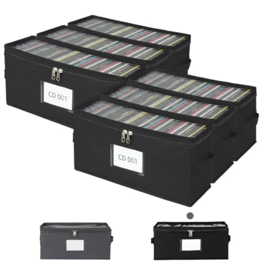 Confezione da 6 Scatole Porta CD in Tessuto con Coperchio Trasparente in PVC, Contiene 35 Custodie per CD Standard, Chiusura con Cerniera per Protezione dalla Polvere, Organizzatore CD Portatile