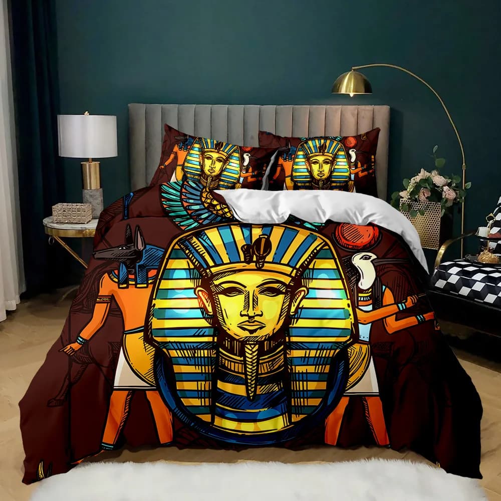 Set of Pharaoh Bedlinen, King Size 3D Antique Egypt Tribe Decor Set Adult Pyramid Egyptian Pyramid Mouse Cover Polyester
