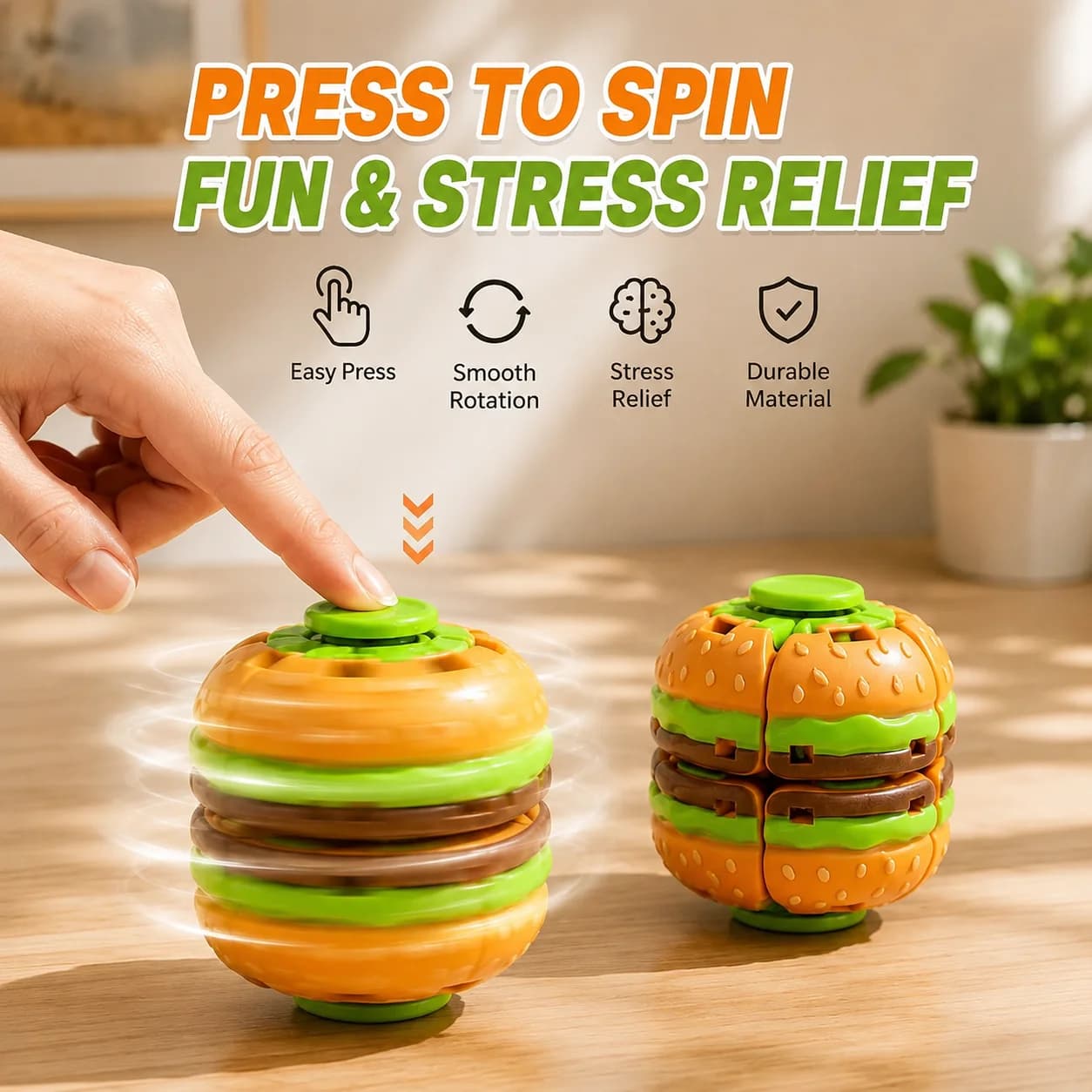 Burger Fidget Spinner Cube Press Launch Rotatable Gyro Ball Anti‑Anxiety Decompression Toy Hand Relax Desktop Ornament Gift