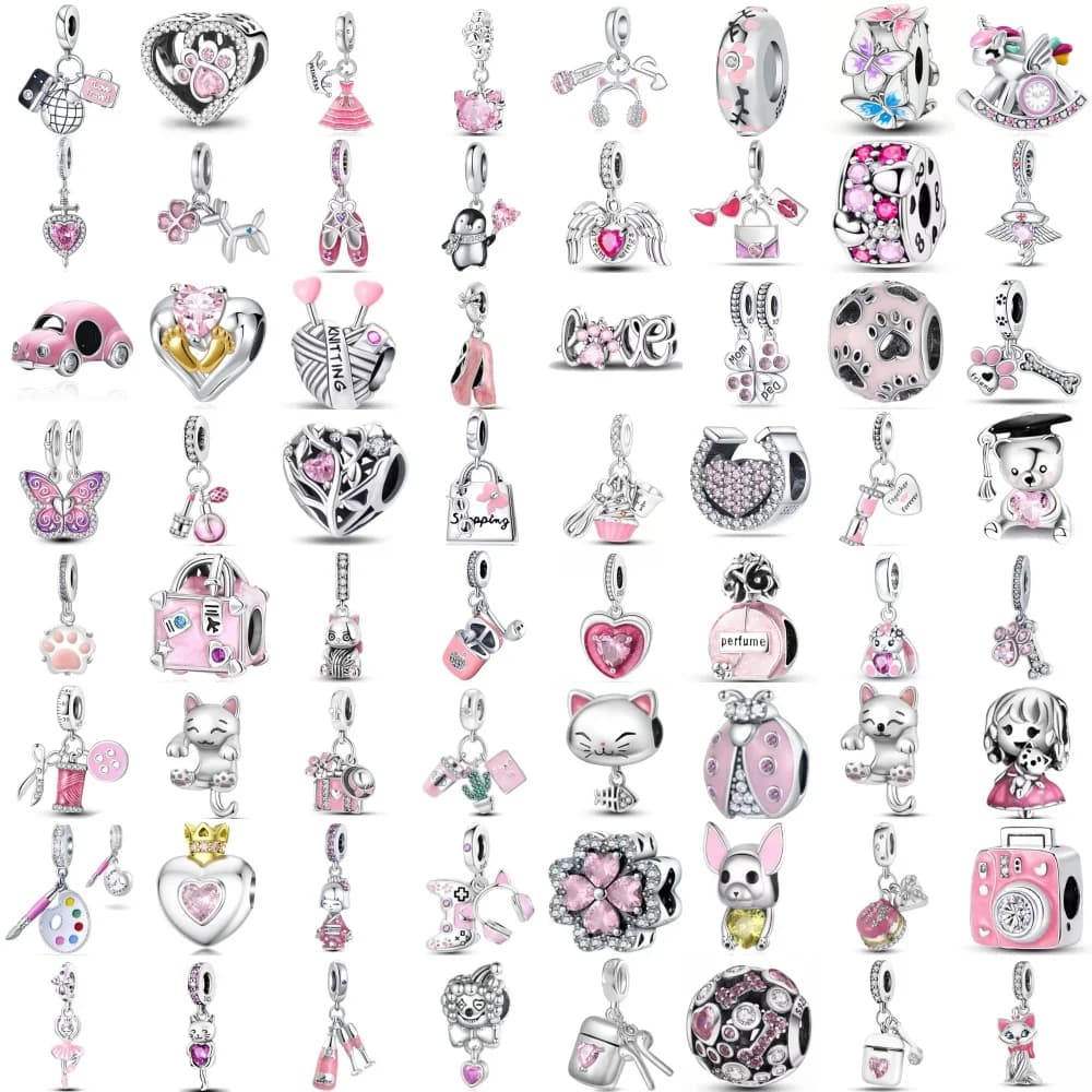 Nuove scarpe da ballo rosa argento 925, cuffie, borsa, ciondolo con perline di gatto adatto per gioielli squisiti fai da te con bracciale originale europeo