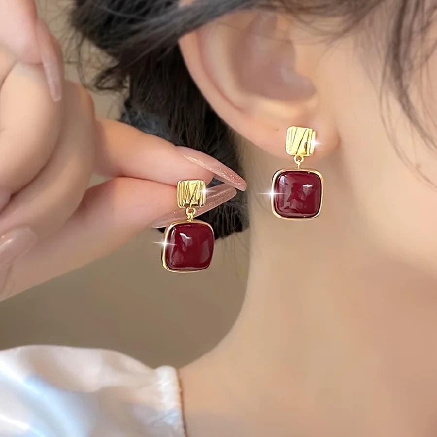 A Pair of Women's Earrings Elegant Red Geometric Long Square Design for Wedding Season