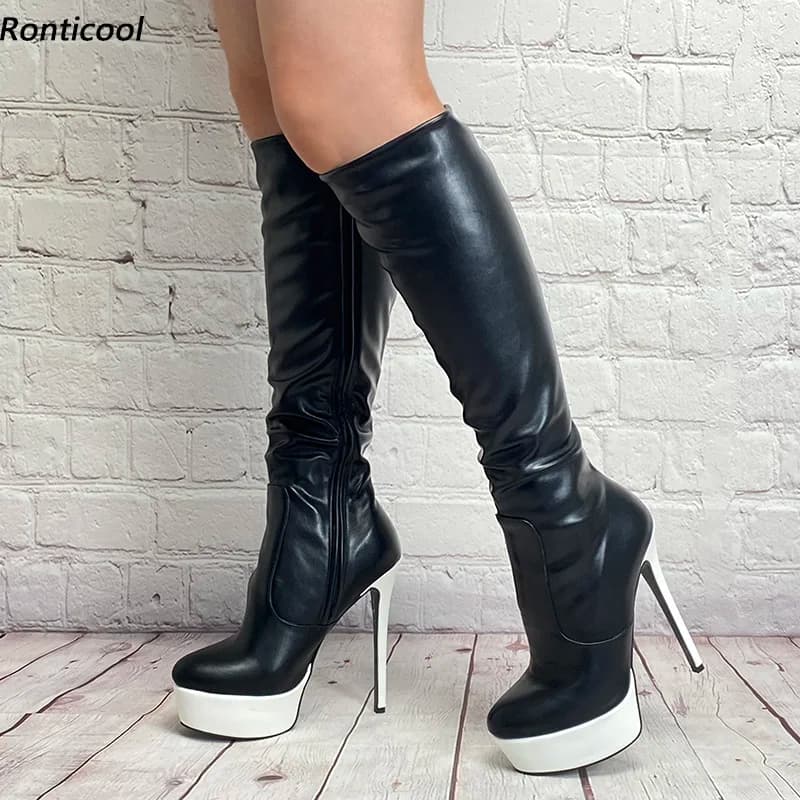 Ronticool Handmade Women Winter Knee Boots Waterproof Stiletto Heels Round Toe Boutique Black Shoes Women Plus US Size 5-20