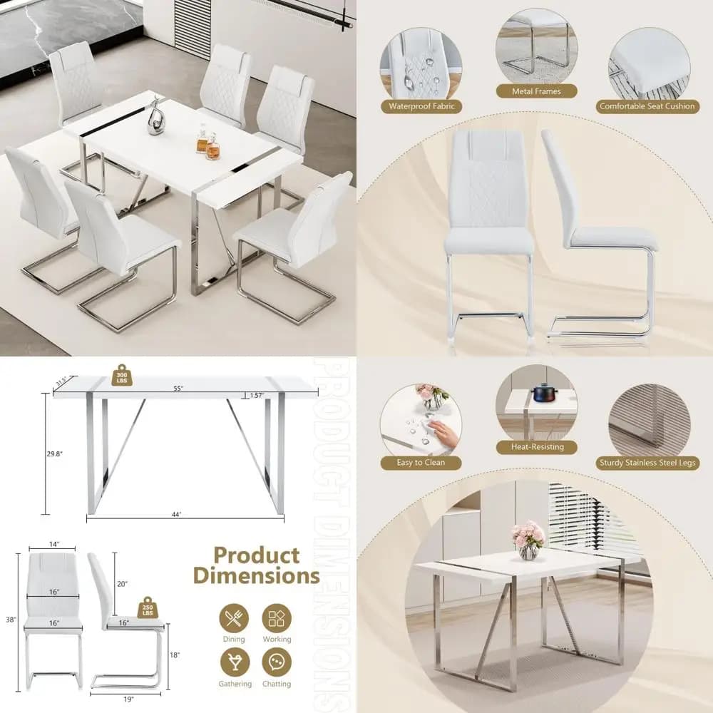 Set tavolo da pranzo moderno rettangolare da 55 pollici per sei persone con piano bianco e gambe in metallo argentato, inclusi 6 sedie imbottite bianche