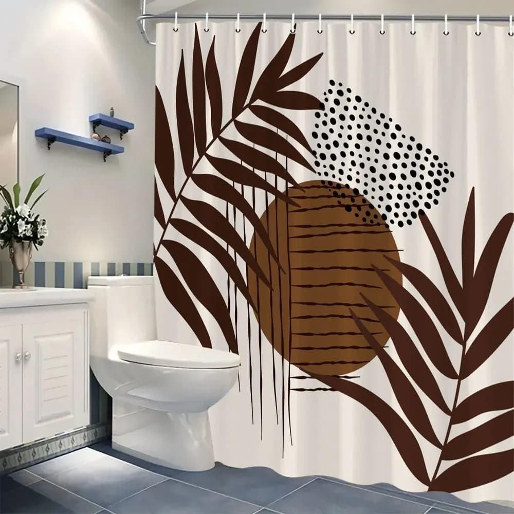 Tenda da doccia geometrica marrone e bianca con motivo circolare a forme di piuma, arte astratta moderna minimalista beige chiaro con ganci