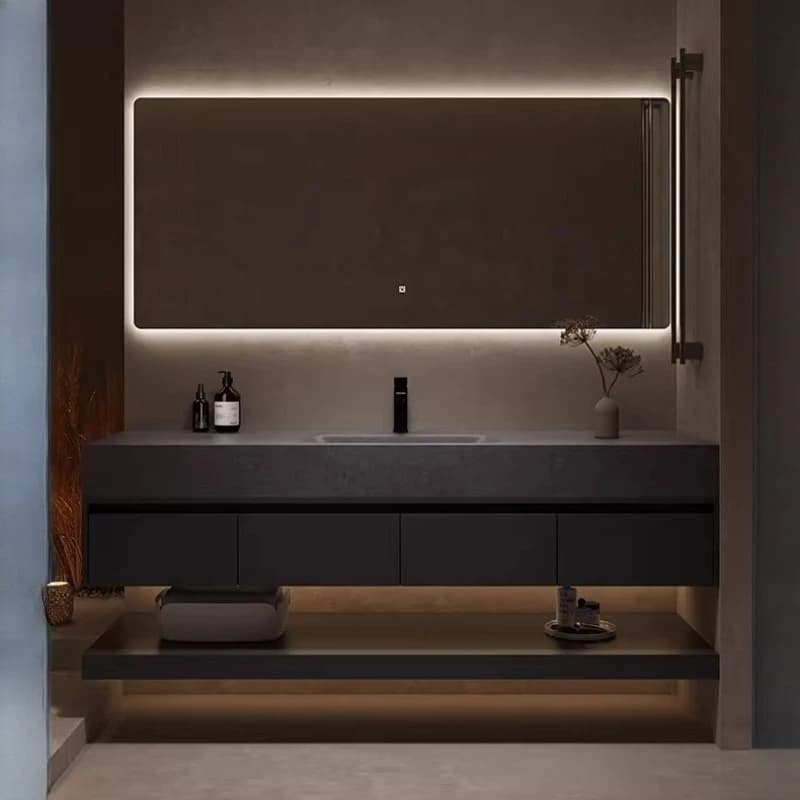Mobile Bagno Moderno con Specchio e Lavabo, Mobile Sospeso in Lastra di Roccia con 2 Cassetti e Ante a Chiusura Ammortizzata