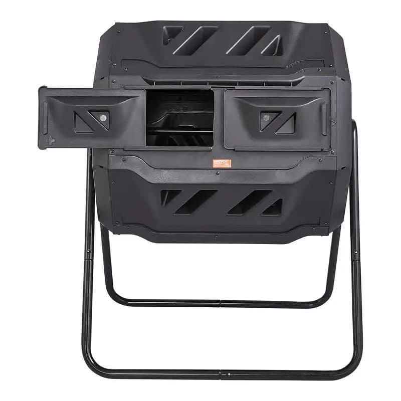 Dual Chamber Composter 43-Gal For Garden Yard Kitchen, Rotating Tumbling Design Sliding Doors Metal Frame BPA Free Organic Waste Bin Large Capacity Outdoor Fertilizer Container