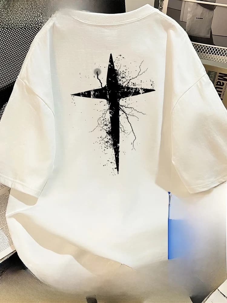 Loose Fit Crew Neck T-Shirt Dark American Style Cross Print Casual Cotton Summer Top for Men And Women