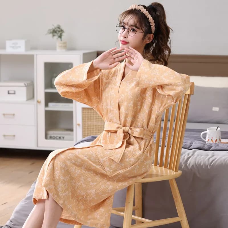 Fashion V-neck Printed Long Sleeve Loose Kimono 100% Cotton Gauze Robe Pajama Women New Spring Autumn Ins Bathrobe For Home