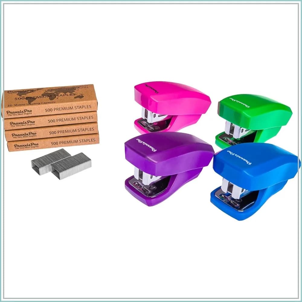 Mini Stapler Set of 4 with Built-in Staple Removers, 2000 Staples Included - Blue, Pink, Purple, Green