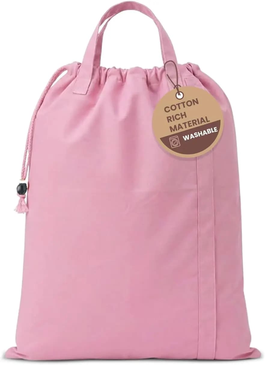 Grande Borsa per Bucato in Tela di Cotone con Cordoncino, Resistente, Lavabile, 20x30 Pollici, Rosa
