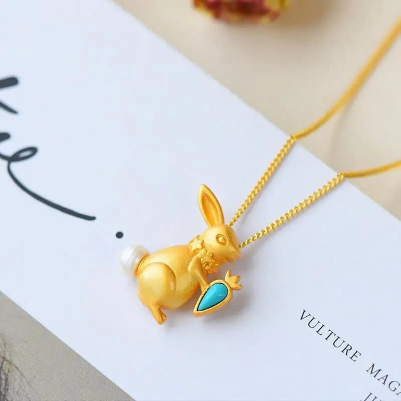 Antico artigianato in oro intarsiato collana di coniglio turchese pendente luce lusso carino elegante signore fidanzamento gioielli in argento