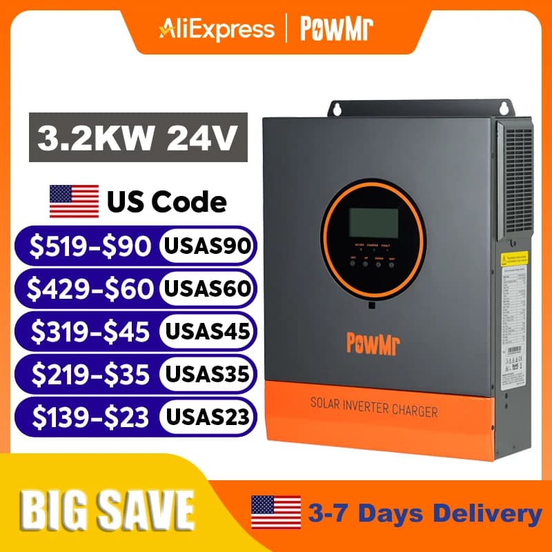 Inverter Solare Ibrido PowMr 3.2KW 24V 110V Off-Grid a Onda Sinusoidale Pura Monofase con Caricabatterie Solare MPPT 60A