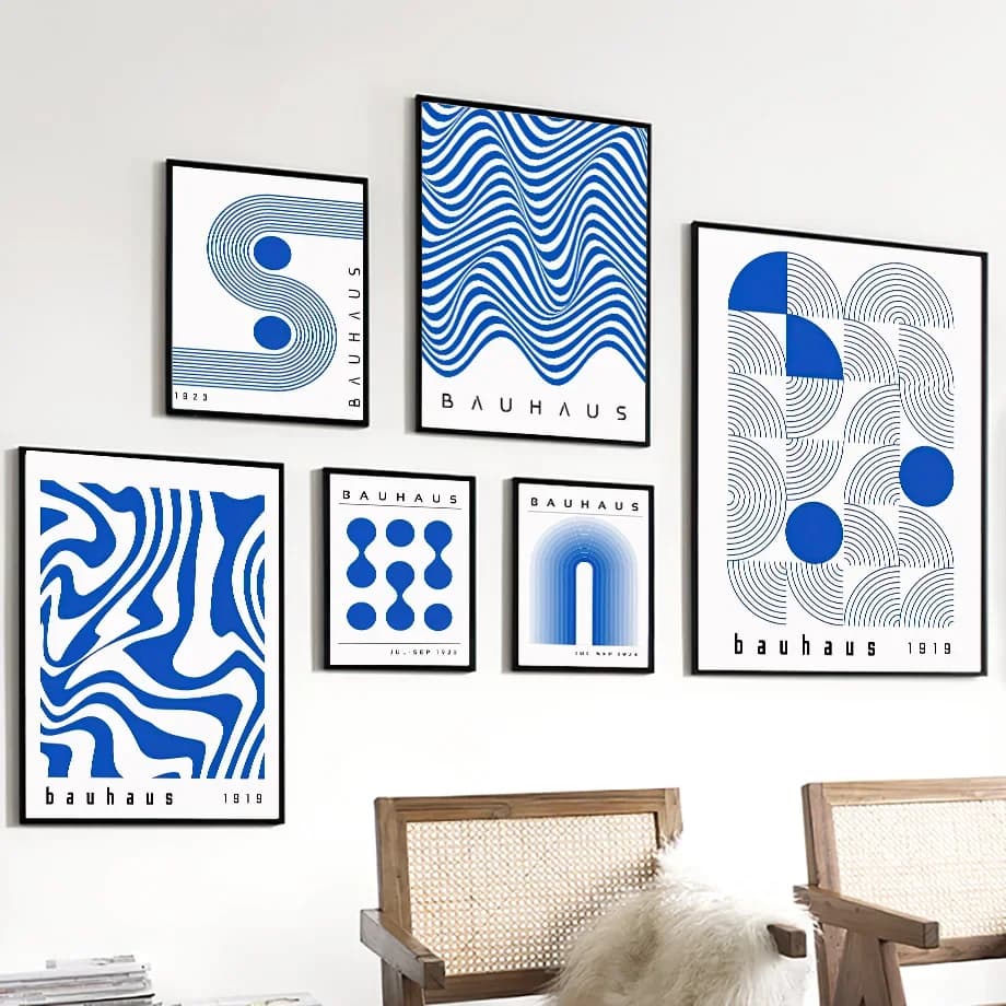 1pcs(No frame)Blue Bauhaus Geometric Line Rainbow Abstract Posters And Print Wall Art Canvas Painting Hotel Bar Pictures For