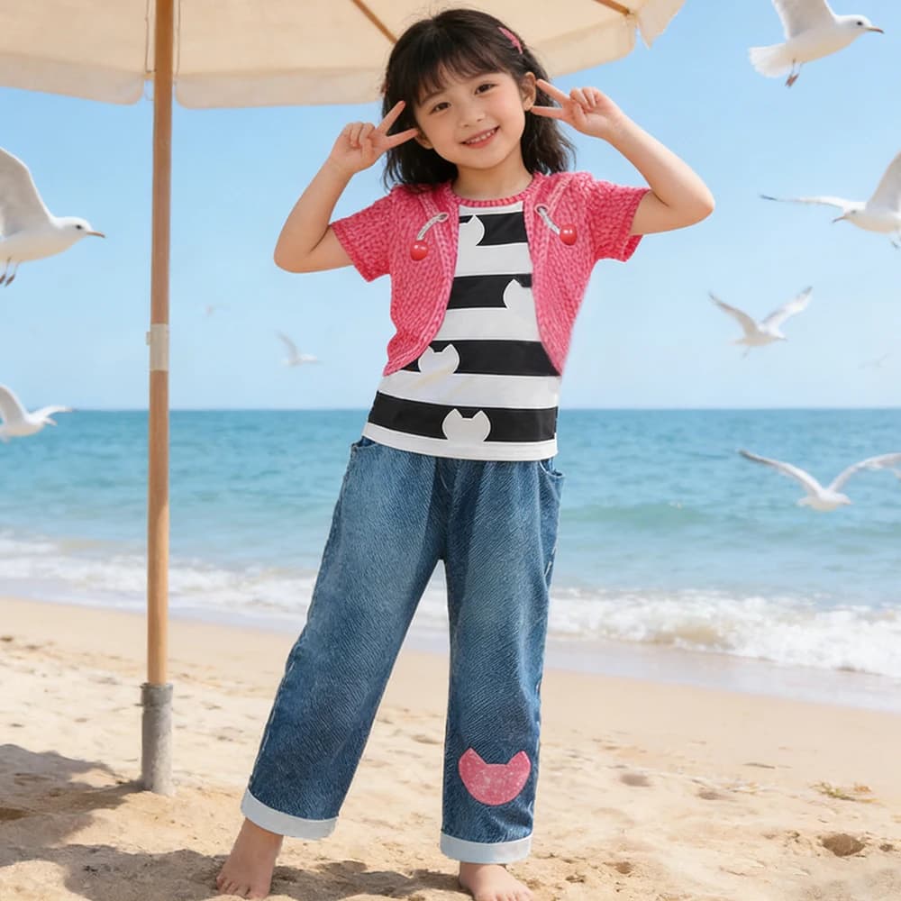Nuovo Completo Estivo 2026 per Bambine: Top a Righe Gabby e Jeans Similpelle, Set 2 Pezzi per Bambini, Vestito per Compleanno Gabby's Dollhouse