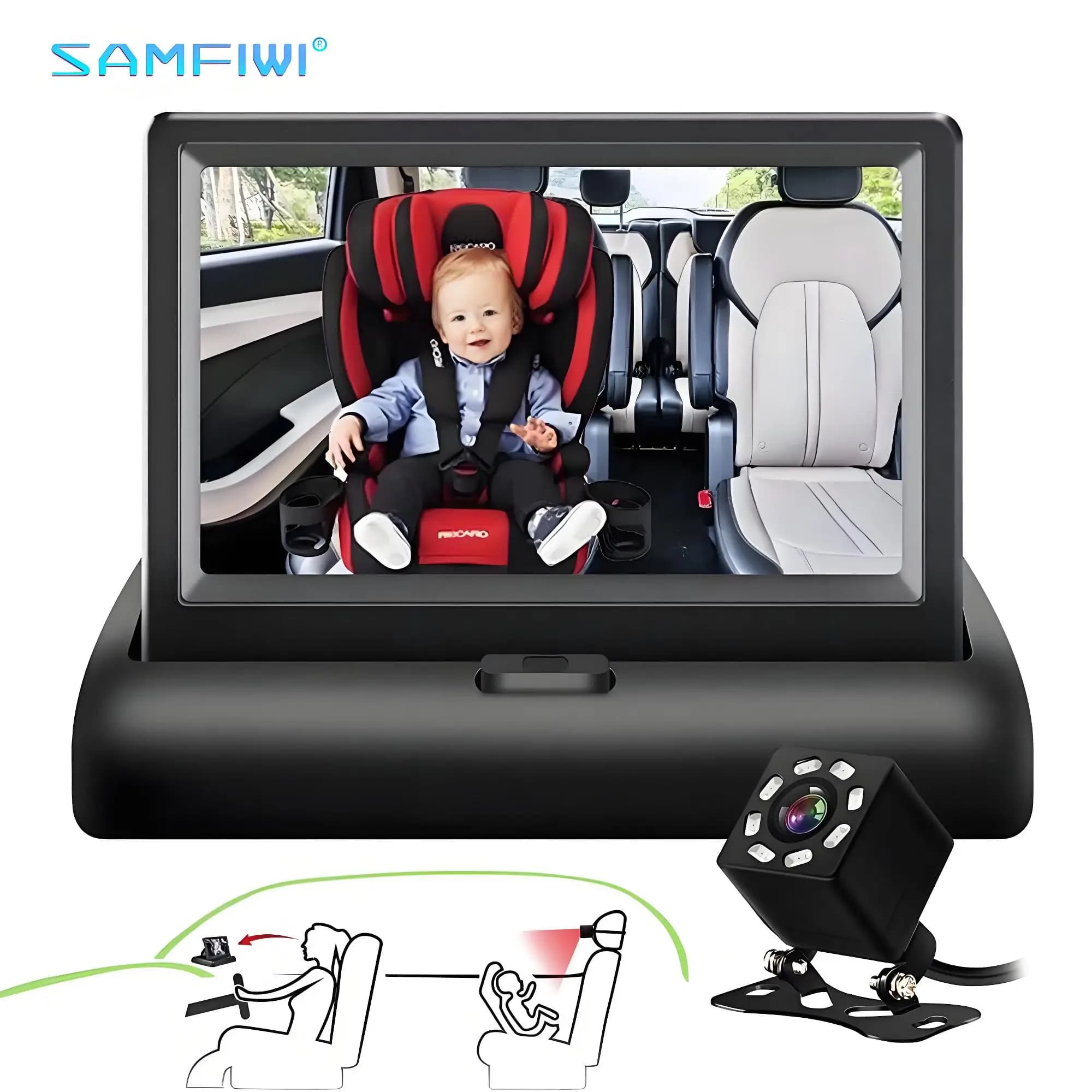 Monitor per Auto con Telecamera per Bambini da 4,3 Pollici, Orientabile all'Indietro, 140° ° Specchietto Retrovisore per Auto con Visione Notturna ad Angolo Ampio per Bambini