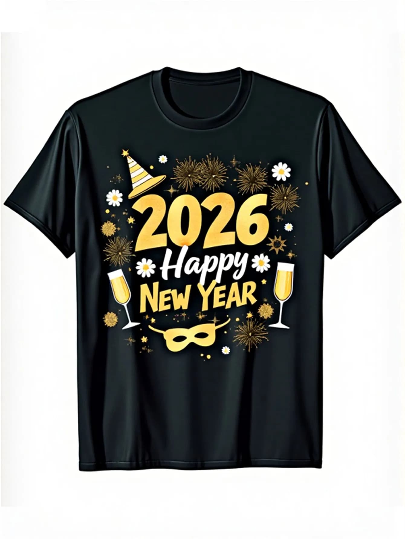 T-shirt NYE nera con fuochi d'artificio champagne dorato di Capodanno 2026