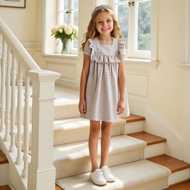 Abiti estivi per neonate a righe Abiti scozzesi con maniche volanti Abito da festa di compleanno Bambini Abiti eleganti con volant Abiti per ragazza in cotone