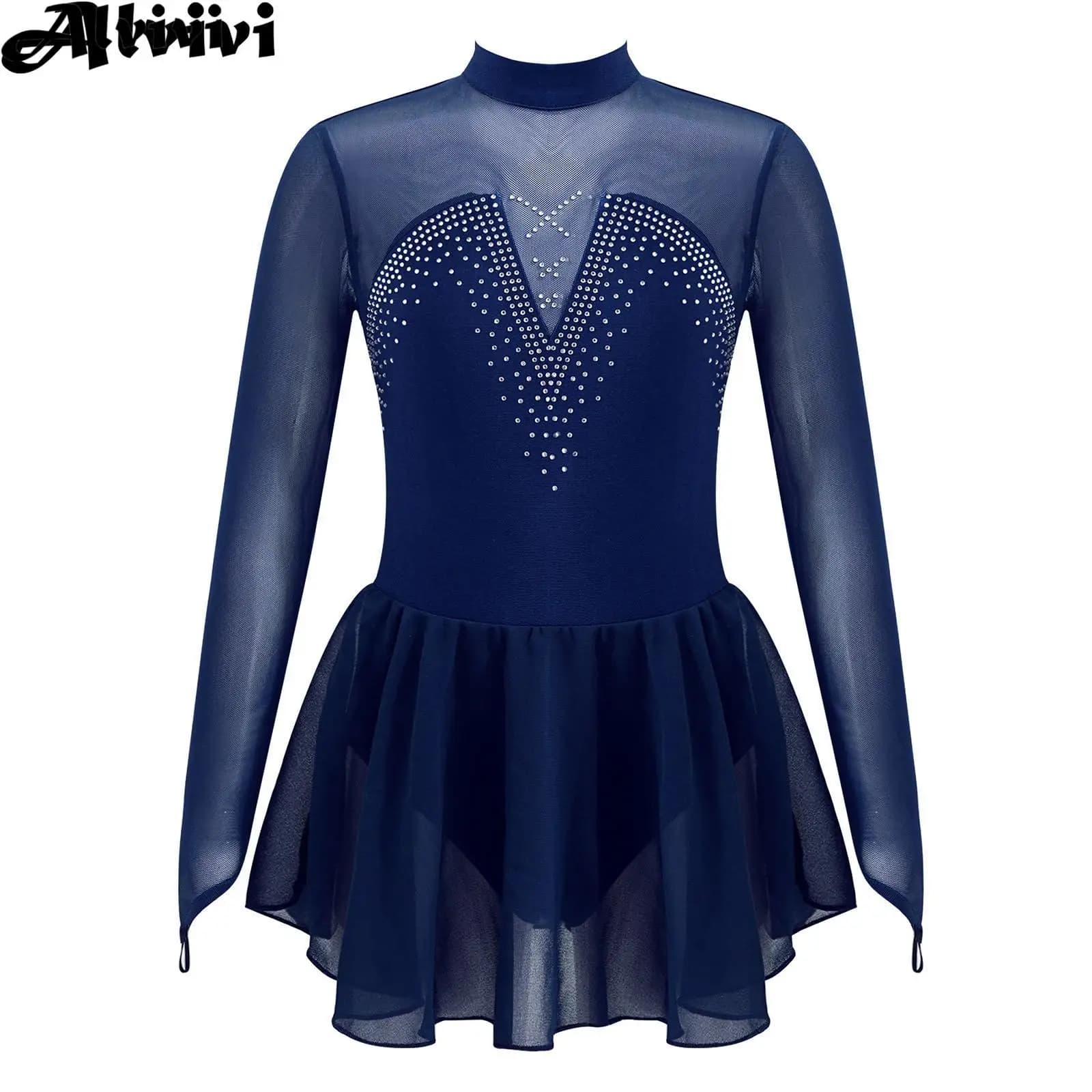 Vestito da pattinaggio di figura per bambina, danza lirica moderna, balletto, ginnastica, costume, manica lunga, body con strass a rete trasparente