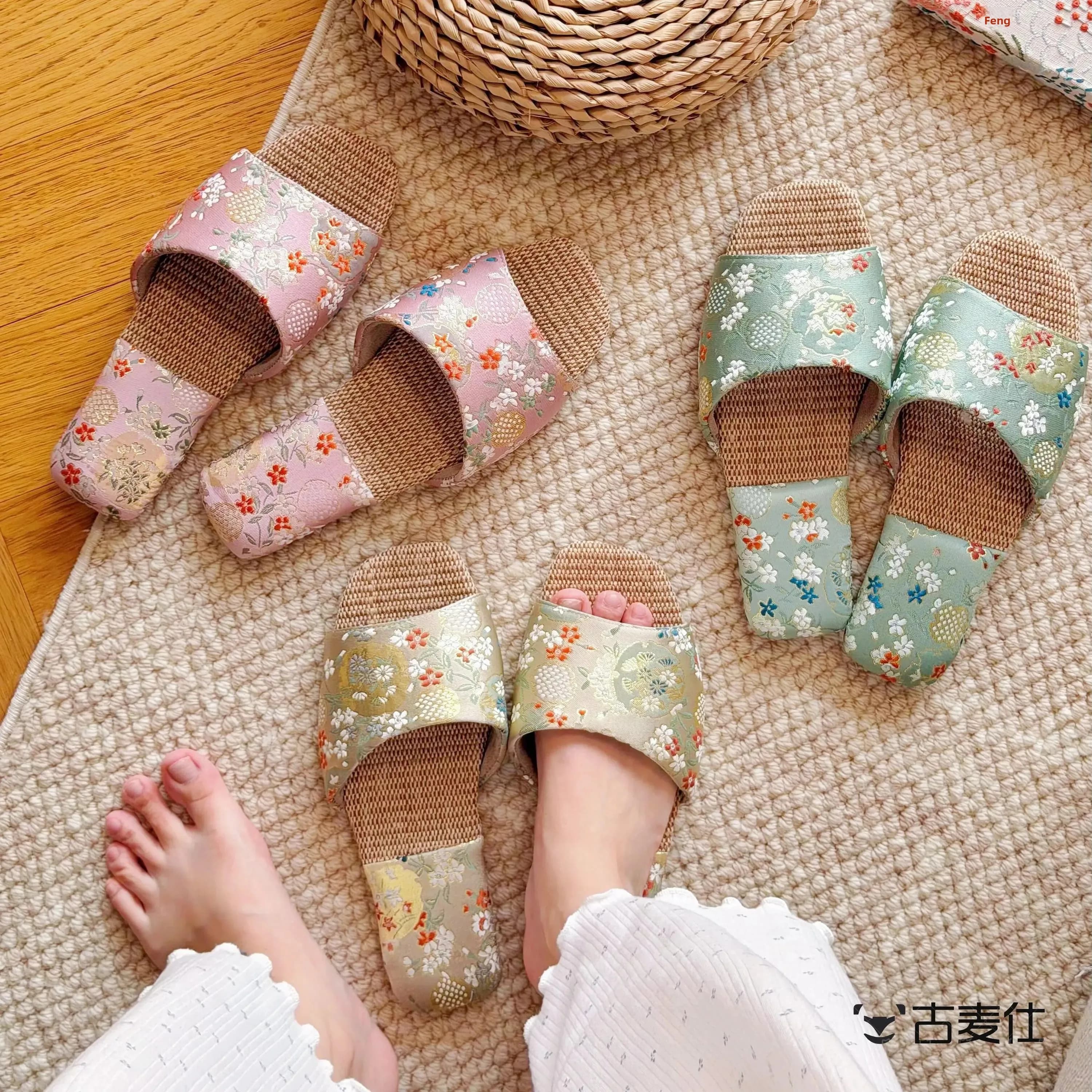Linen Satin Women's Slippers Breathable Home Shoes Summer Anti-slip Absorbent Silent Floor Slippers Open-Toe Slip-On Sandals