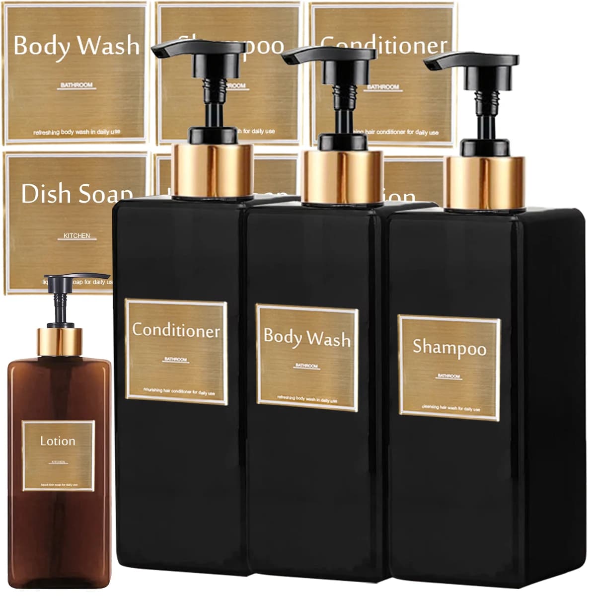 Set dispenser di sapone per doccia, bottiglia di shampoo e balsamo ricaricabile per bagno, cucina, sapone per piatti, bottiglia di sapone per le mani