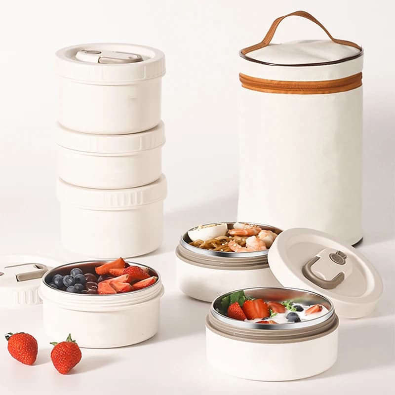 Portable Insulated Food Lunch Container Set with Thermal Lunch Box 3 Separate Stackable Lunch Container for Adult Kids