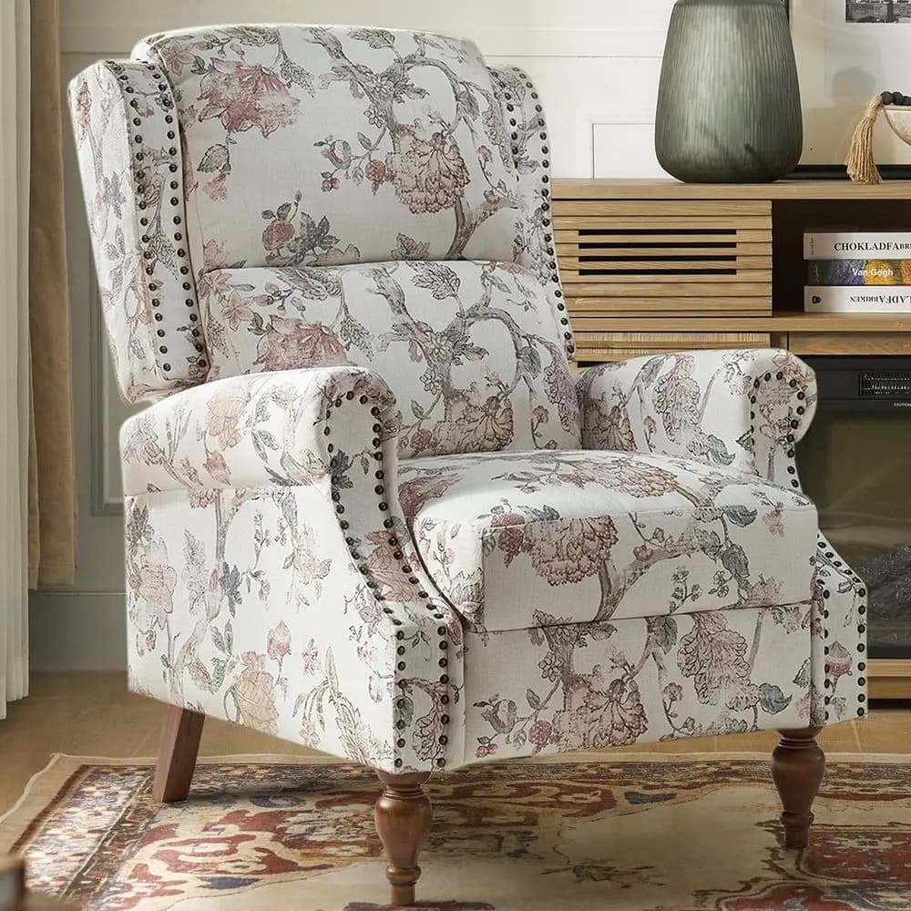 Poltrona Reclinabile Imbottita Stile Wingback Blu Navy con Dettagli a Rivetti e Gambe in Legno per Soggiorno o Camera da Letto