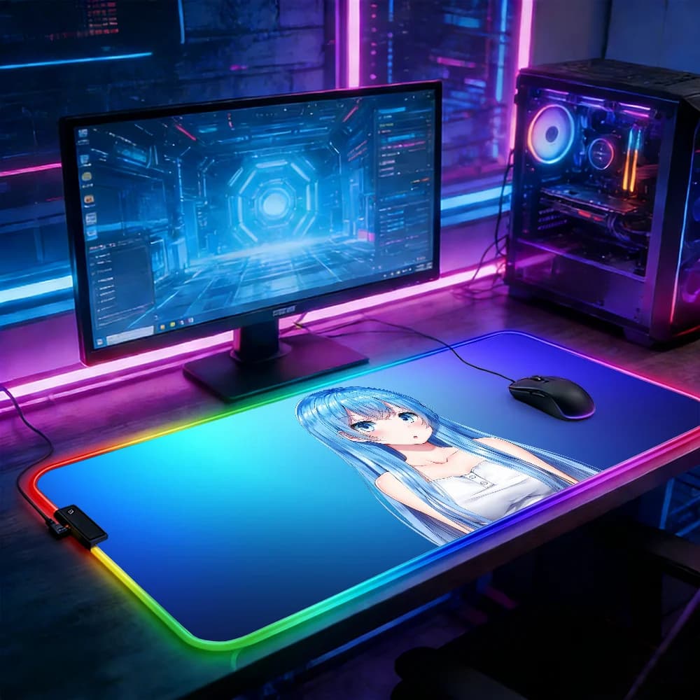 Tappetino per mouse con illuminazione a LED RGB Tappetino per tastiera da gioco E-sports Aqua Kawaii Anime Accessori per laptop Tappetino per mouse Tappetini per giocatori Mause Pc