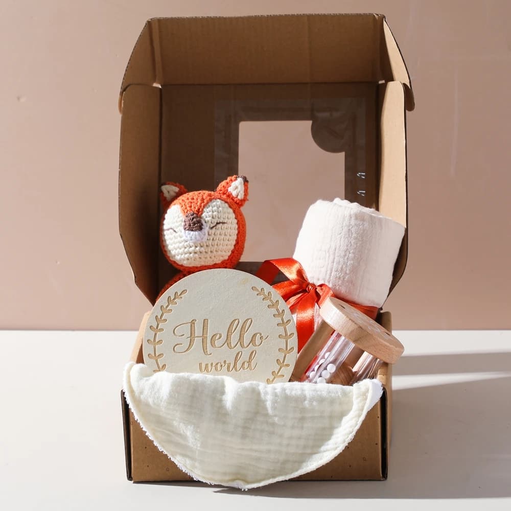 Set Regalo per Neonati con Giocattoli da Bagno, Coniglietto all'Uncinetto, Sonaglio, Coperta e Insegna 'Hello World', Regalo per Baby Shower per Bambine